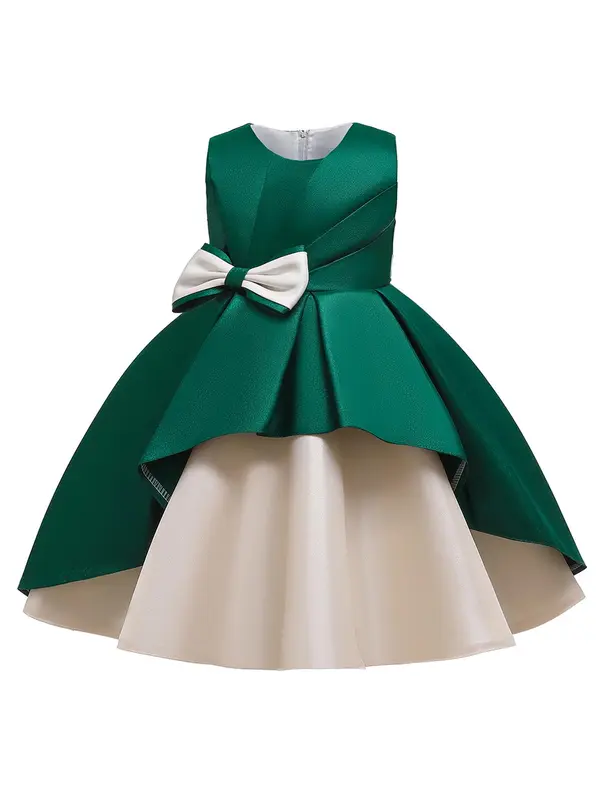 Girl's Solid Bow Front Plicated A Line Dress, Elegant Bow Back Sleeveless Round Neck Tulle Dress For Wedding Party, Kids Partywear For All Seasons 5