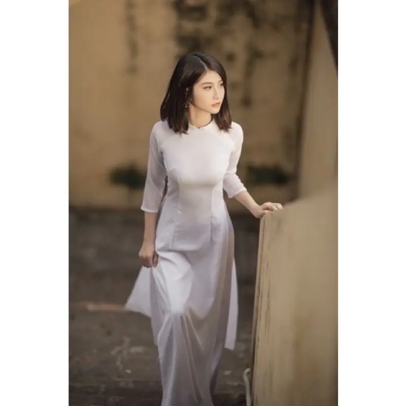 Áo dài Học Sinh đi họcÁo dài trắng Nữ Sinh may sẵn truyền thống lụa Mỹ cổ vuông tay lỡ đẹp
