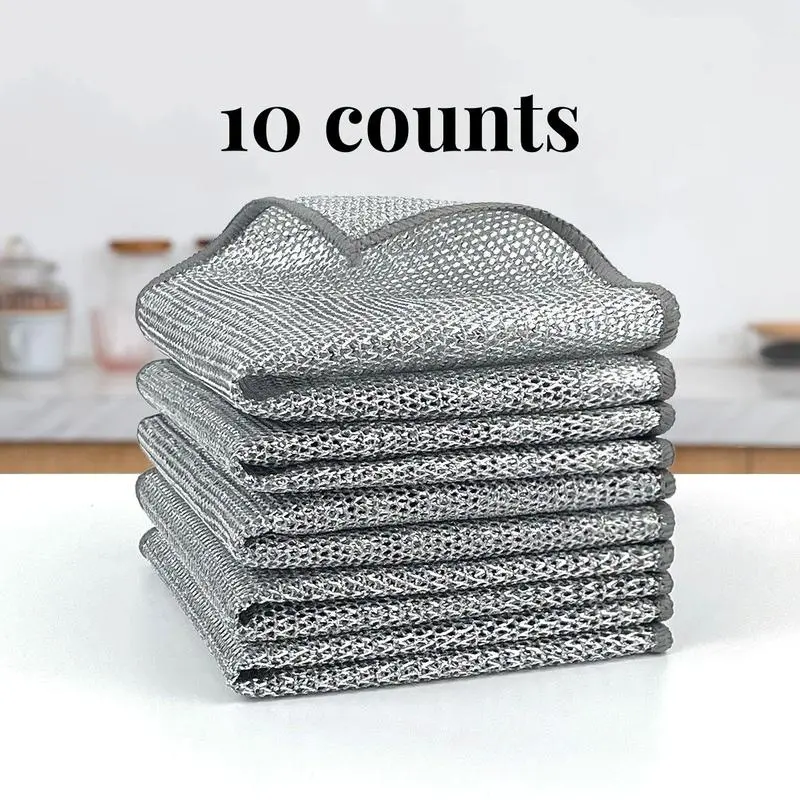 10 Counts Dishwashing Rags,Multipurpose Non-Scratch Wire Dishcloths for Wet and Dry Use, Reusable Wire Cleaning Cloths for Kitchen, Sinks, and Pans Silver Removable, Washable & More