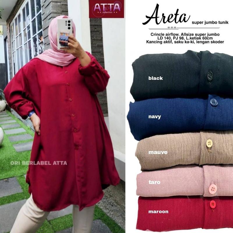 Atasan Wanita Kemeja  Polos Areta Tunik Jumbo LD140 Bahan Crincle Airflow Full Kancing Oversize Muslim 5