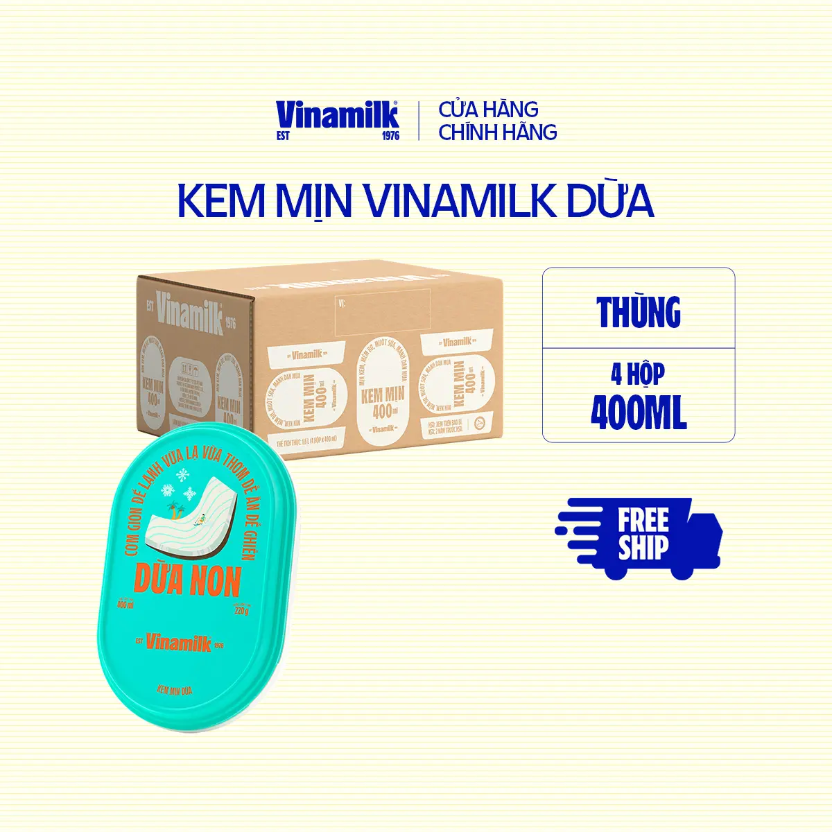 [CHỈ GIAO THÀNH PHỐ LỚN BÁN KÍNH 10KM] Thùng 4 hộp Kem mịn Dừa hộp 400ml