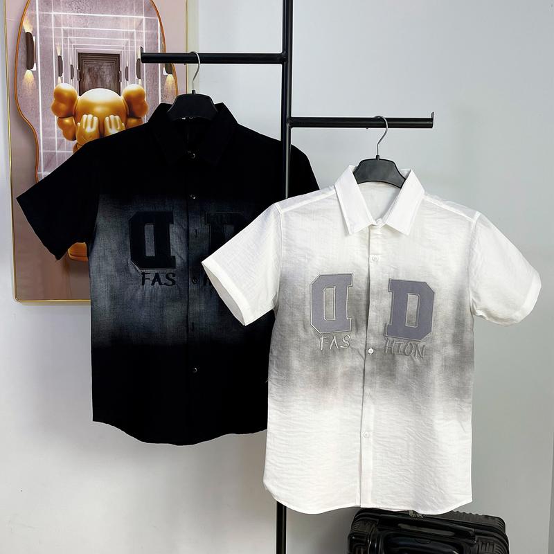 Áo sơ mi nam tay ngắn vải đũi, mịn mát phối loang thêu logo đẹp, trắng đen cá tính New- DUYÊN XINH SHOP Menswear