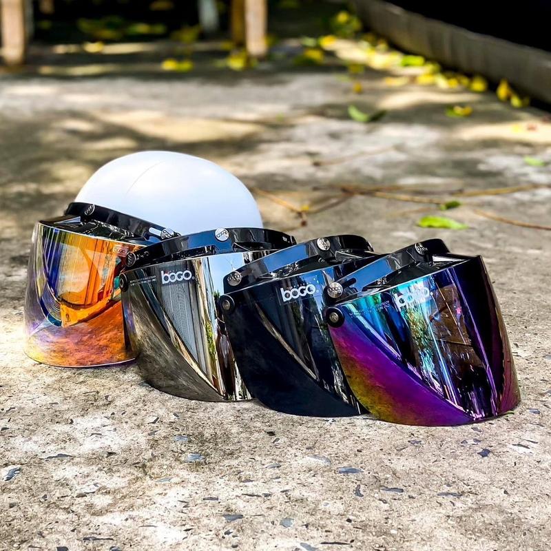 KÍNH BOGO CHẮN GIÓ GẮN MŨ NỬA ĐẦU, mũ 3/4 ( loại có 3 nút bấm dưới 18cm)