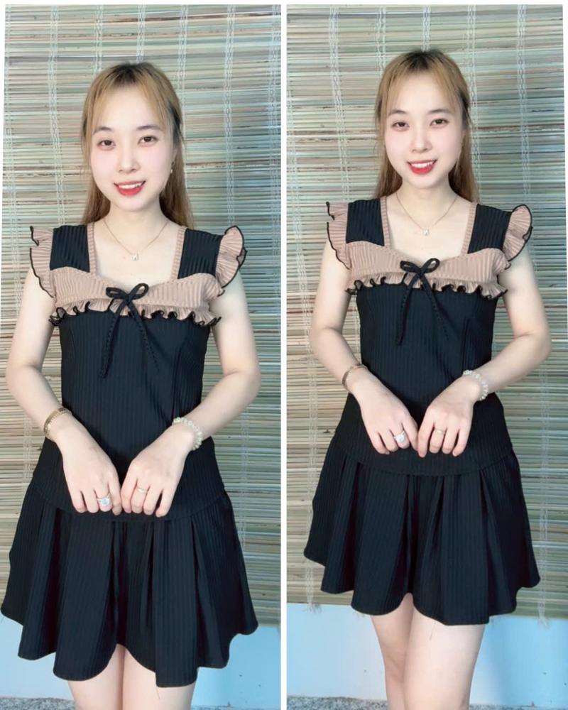 Product Introduction of Bộ đùi váy nữ thun tăm mềm mịn cổ tim tháp vải đen có quần phía bên trong kèm hai túi 38kg đến 74kg 17