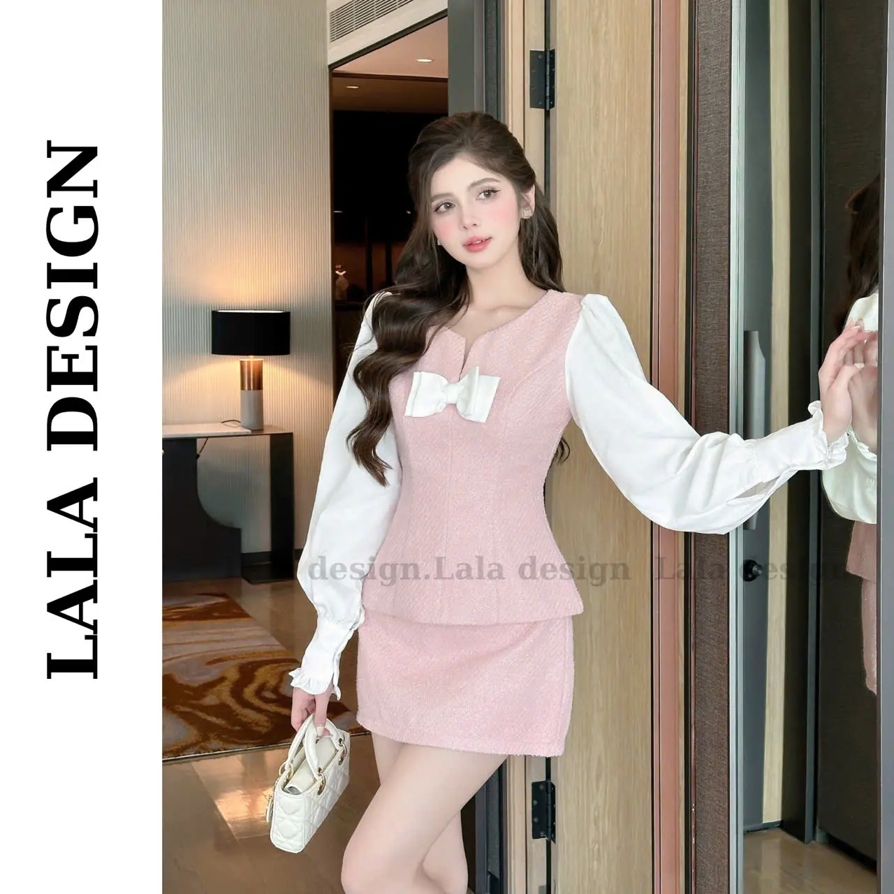 LOVELYN set - Set dạ kim tuyến hồng baby, áo plum dài tay chiết eo phối chân váy chữ A, đính nơ xinh, có bigsize