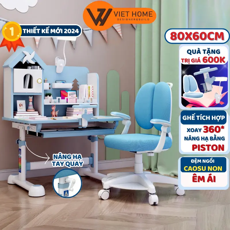 Bộ bàn học trẻ em F10A, bàn học chống gù có kệ sách mới ,nâng cấp ghế xoay 360 có bánh xe 1