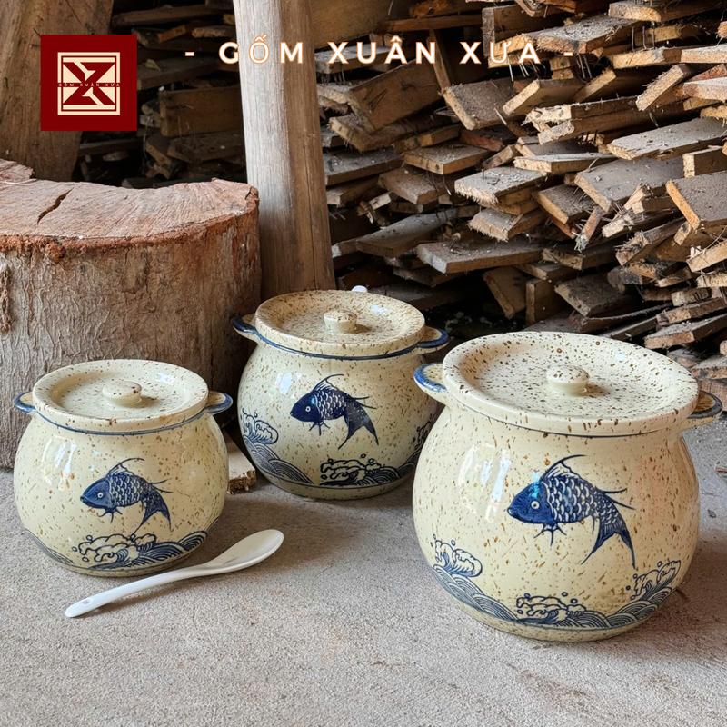 Âu Đựng Mỡ Kèm Thìa Sứ Cá men tiêu Hũ đựng Gia Vị Kèm Thìa Sứ Phong Cách Cổ Điển Gốm Xuân Xưa.