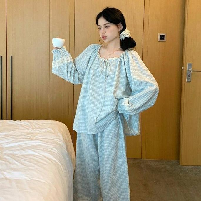 Bộ Đồ Ngủ, Phong Cách Hàn Quốc, Mùa Xuân Và Mùa Thu, Thiết Kế Dáng Rộng Rãi, Họa Tiết Lưới, Chi Tiết Ren Ngọt Ngào, Có Cà Vạt Ren. Bộ Áo Dài Tay Và Quần Dài, Tạo Cảm Giác Thoải Mái Và Phong Cách 1