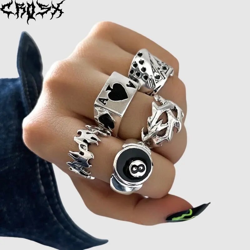 CASINO RING SET / VINTAGE SET PUNK METAL RING POKER RING AS SQUARE RING / BILLIARD RING FLAME RING LOVE RING CINCIN KASINO CINCIN POKER CINCIN AS CINCIN BINTANG CINCIN API 8 BALL RING CINCIN VINTAGE CINCIN AESTHETIC RING CINCIN TITANIUM CINCIN PRIA WANITA