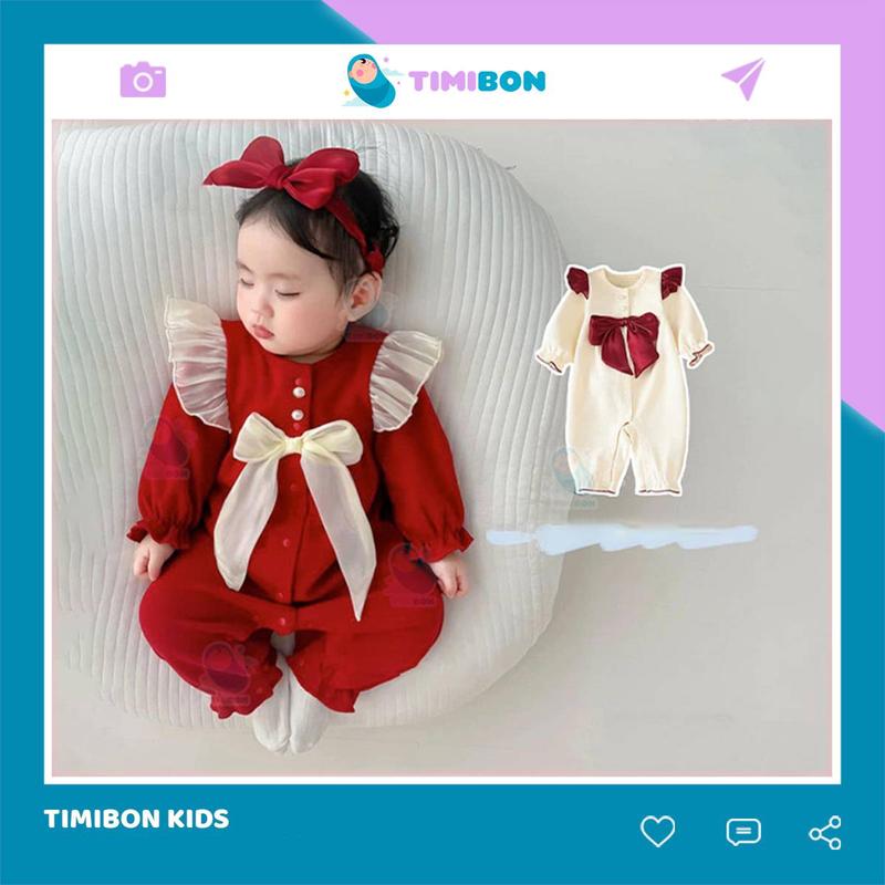 Kèm Nơ Quần Áo Trẻ Em Sơ Sinh Bộ Đồ Liền Thân Dài Tay Body Cánh Tiên Nhung Tăm Cho Bé Gái BDD41