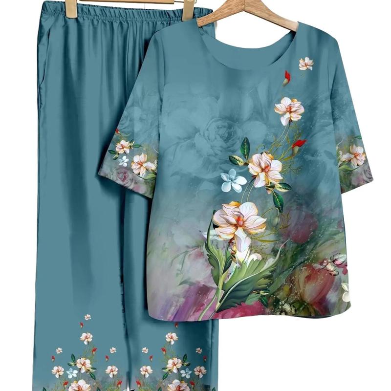 ĐỒ BỘ TRUNG NIÊN cao cấp Nữ Women Voi Áo Top Polo Sen Kem Hoa Sen Quần Ngủ Áo ngủ Pijama do bo nu kiểu đẹp