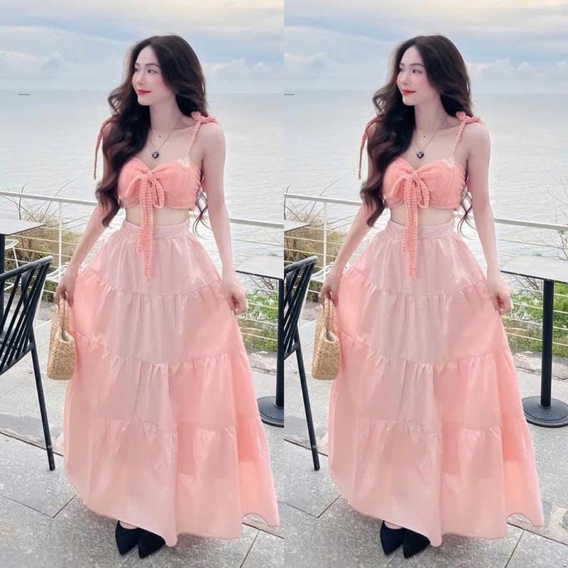 Set đồ nữ áo bra ren 2 dây rời cột thắt nơ ( có mút ) phối chân váy dài dáng xòe dễ thương dành cho nàng diện đi chơi và đi biển M103 0
