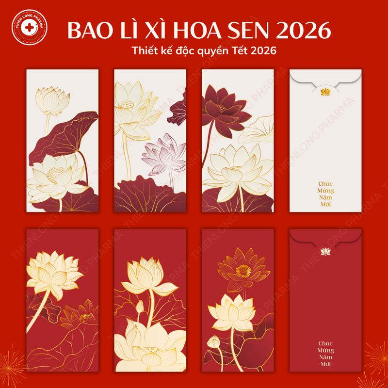 Set 48 cái Bao Lì Xì Hoa Sen Thiết Kế Độc Quyên sang trọng mới nhất Tết 2026 chất lượng giấy cao cấp màu in sắc nét