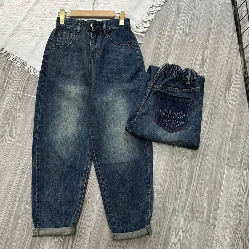  20225 BIGGSIZE Quần jean baggy nữ cạp chun sau không co dãn quần jean dáng thụng túi sau tạo kiểu thêu Pants Women Kem 