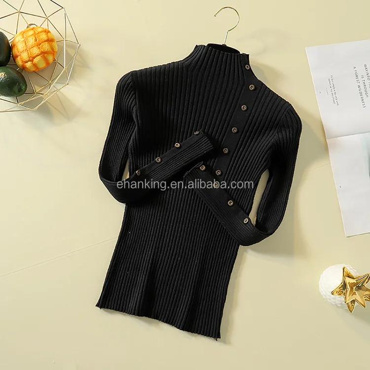 Product Introduction of K105 Women Knitted Slim Sweaters Solid Knitted Female Cotton Soft Elastic Color Pullovers Button Full Sleeve Turtleneck 8
