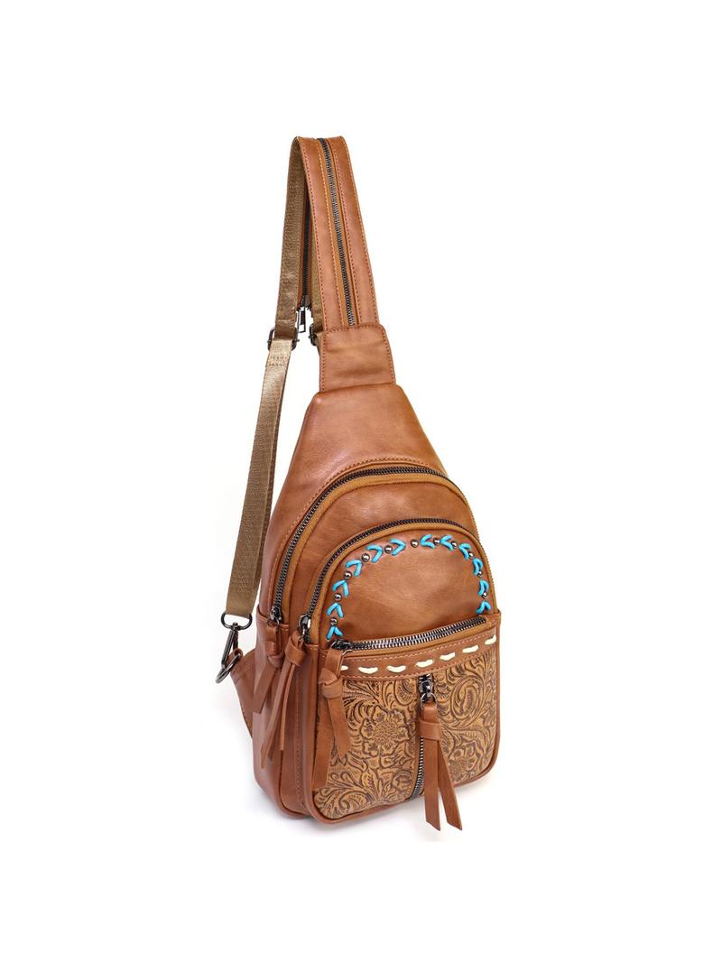 Product Introduction of Boho Style PU Leather Chest Bag, Fashionable Floral Pattern Embossed Backpack with Adjustable Strap, Casual Trendy Versatile High-quality Daily Commuting Bag 0