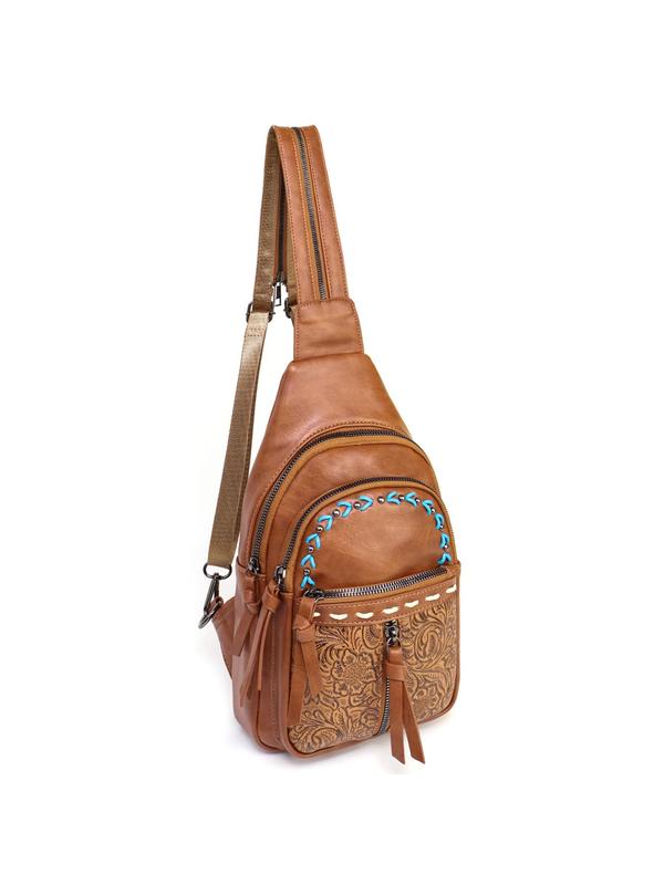Boho Style PU Leather Chest Bag, Fashionable Floral Pattern Embossed Backpack with Adjustable Strap, Casual Trendy Versatile High-quality Daily Commuting Bag 0