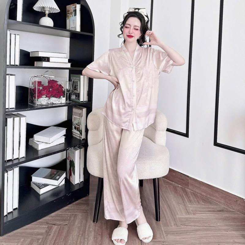 Bộ đồ ngủ nữ pyjama cổ y chất lụa latin cao cấp tay ngắn quần dài họa tiết mới 3