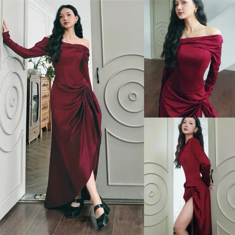 ￼EM Design Váy lụa dáng dài thiết kế lệch vai “ Mila “ cắt xẻ sexy sang chảnh thanh lịch