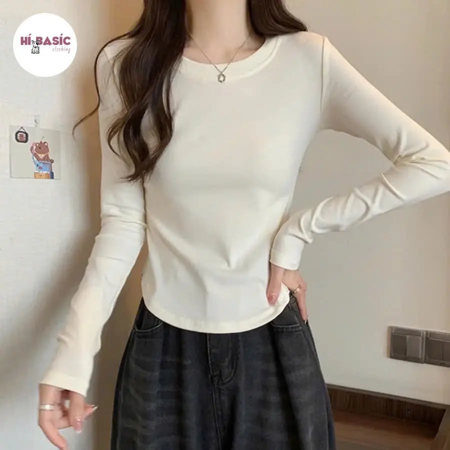 (XẢ KHO) Áo thun tăm cổ tròn vạt bầu dài tay-dáng ôm body (H03)