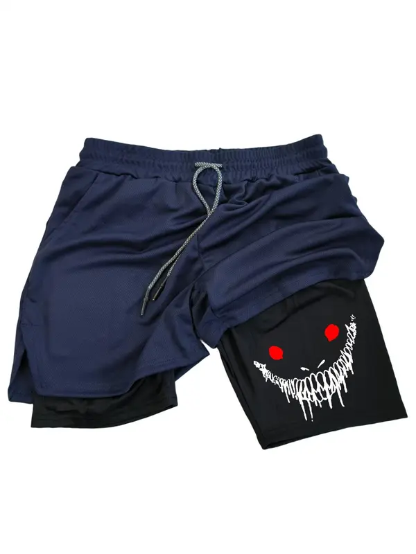Men's Creepy Smile Face Print 2 in 1 Double Layer Drawstring Waist Gym Shorts, Casual Comfortable Breathable Quick Drying Pocket Shorts for Summer, Men's Bottoms for Workout Fitness Running 2