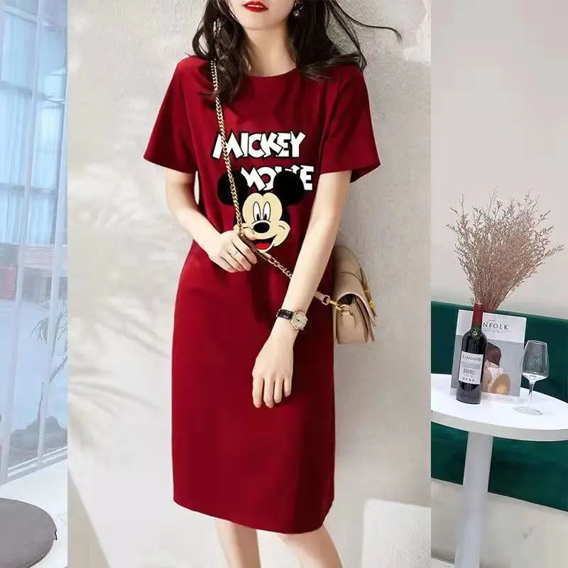 Váy Bán Chạy Nhất, Phong Cách Hàn Quốc, Thiết Kế Mickey, Dáng Rộng Vừa Vặn, Dài Trung Bình ngắn Tay Áo, Váy Áo Thun, Thích Hợp Cho Mùa Hè Năm 2025, Có Thể Mặc Ngoài Trời,váy dây dáng dài