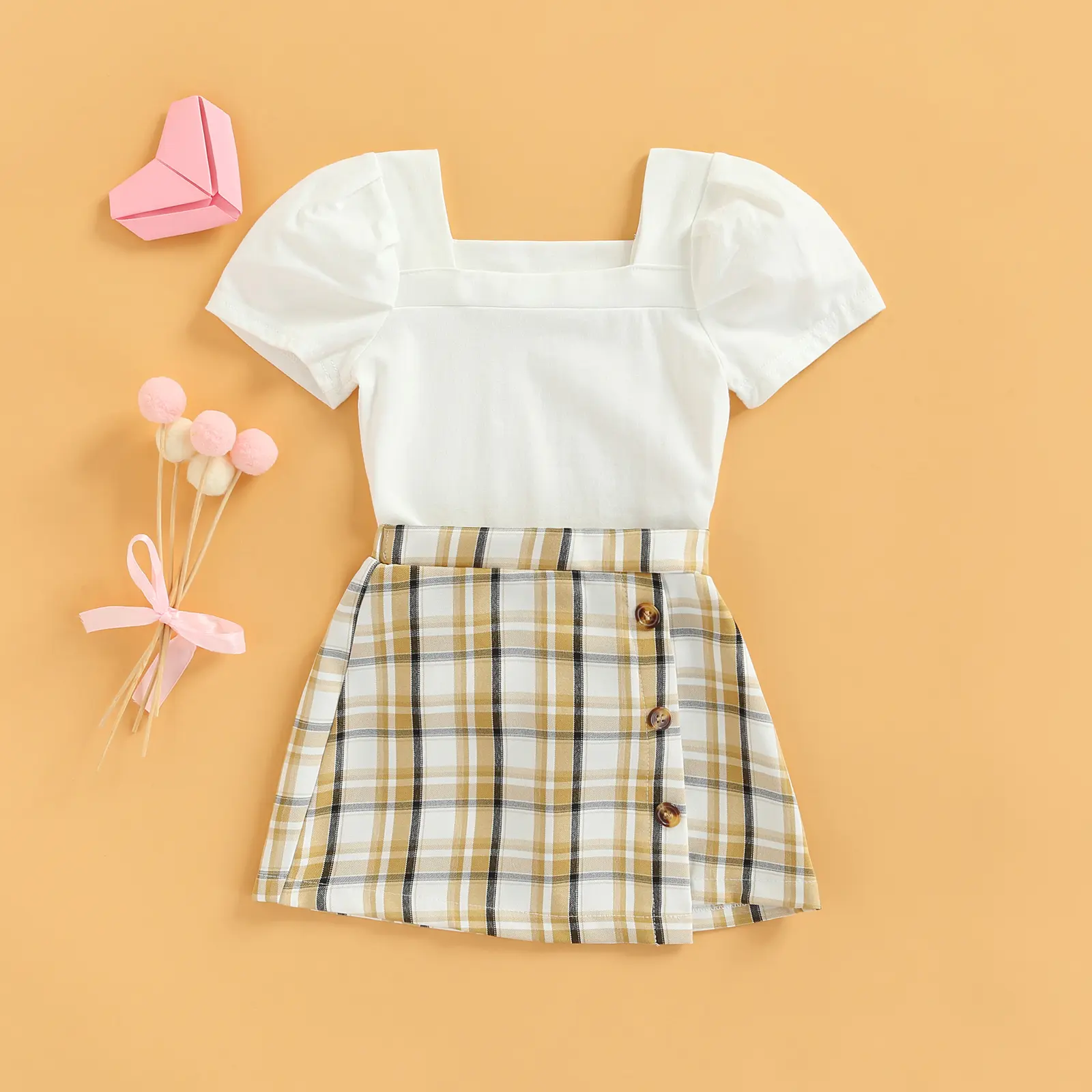 Children Girls Short Skirt Suit Short Sleeves Square Neck Leisurely Solid Color Tops Check Pattern Skirt
