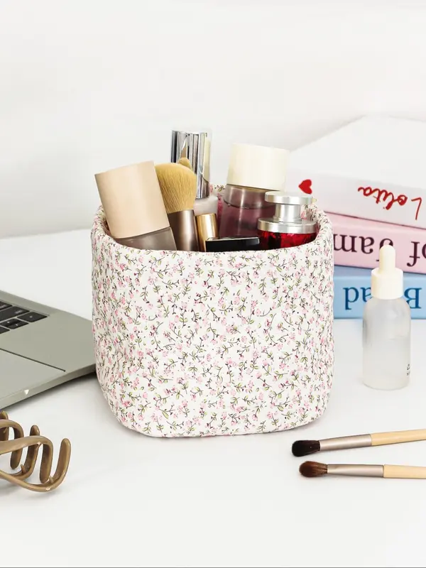 Floral Pattern Makeup Bag, Floral Quilted Makeup Bag, Makeup Organizer, Travel Bucket Bag, Beach Daily Commuter Floral Tote Bag, Girls Women Bridesmaid Birthday Gift 3