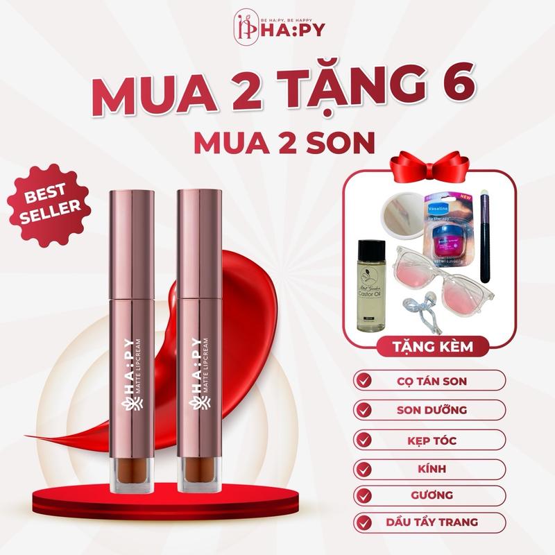 [ Mua 2 Tặng 6 ] Combo 2 Son Kem Hapy ,Không Chì, Mềm Môi, Lên Màu Chuẩn, Son Kem Lì Kháng Nước, Tặng kèm( cọ+1 dầu tẩy trang+ 1 kính+ kep + gương mi+ son dưỡng  ) Son Môi Mỹ Phẩm Nữ Trang Điểm Women Cosmetic