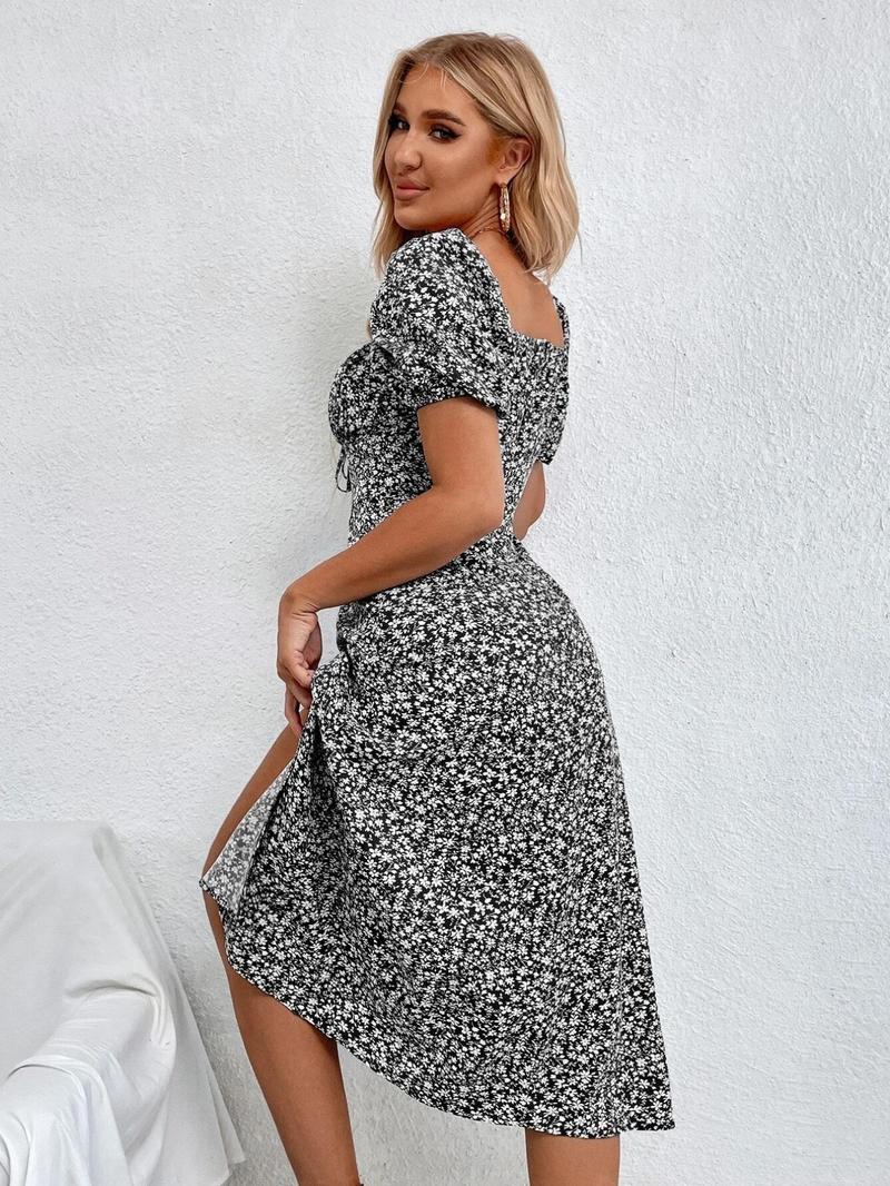 Product Introduction of Women's Frenchy Style Ditsy Floral Print Ruched Split Thigh Milkmaid Dress, Boho Curvy Holiday Outfits 2024 Puff Sleeve Square Neck Midi A Line Sundress for Women, Dresses for Women, Summer Outfits 2024, Lady Dresses for Summer 2