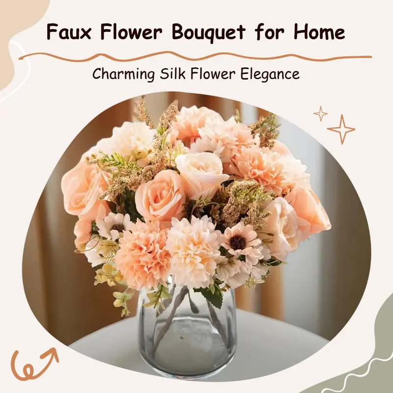Artificial Flower Bouquet for Home Decor, Faux Rose & Peony Bouquet, Decorative Dahlia Flowers For Home And Wedding Party, Room Decor, Peonies Bouquet, Roses Bouquet, Eternal Flower Bouquet, Flower Design 1