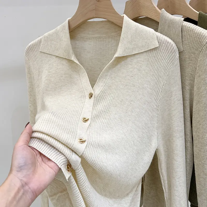 Sweater Kaitan Lembut Wanita, Kolar Lapel, Leher V, Butang Emas, Lengan Panjang, [Ada Stok]