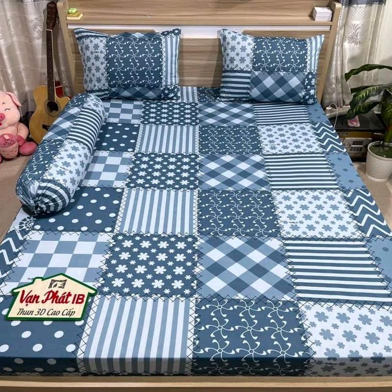 bộ DRAP thun hàn quốc hoa văn xám 4 món 2 vỏ gối nằm 1 áo gối ôm,1 ga bo chun chân nệm 5cm,10cm,15cm,20cm thun thoáng mát dày mịn ko xù lông ra màu