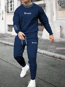 Men's Letter Print Drop Shoulder Sweatshirt & Drawstring Waist Sweatpants Two-Piece Set, Loose Casual Fashion Outfits for Daily Wear, Men's Clothes for Fall & Winter