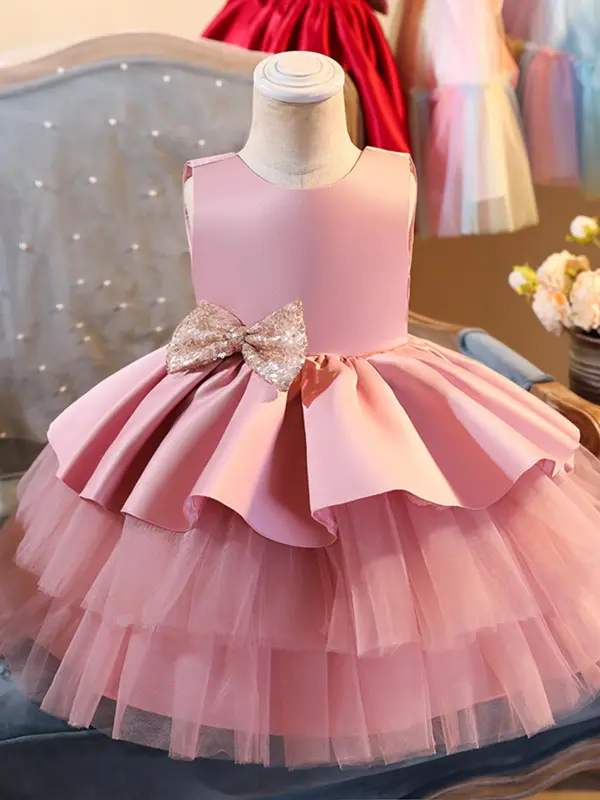 Toddler Girl's Solid Big Bow Decor Tulle Dress, Elegant Romantic A Line Tutu Dress for Party Show Wear, Kids Clothes for All Seasons 0