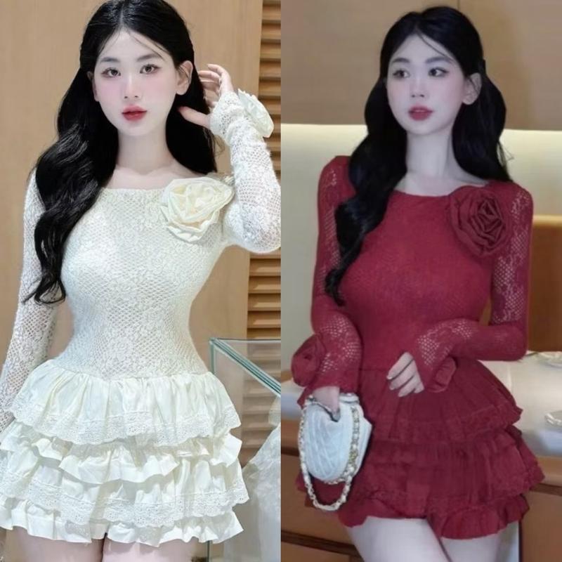 V12 { TẶNG KÈM QUẦN BH} KHÔNG DÂY KÉO ￼Váy nữ  dài tay Ren Phối Hoa Tay Chân Váy Xếp Tầng Thô Hàn Ren Kèm Hoa Cài KHÔNG DÂY KÉO Siêu Xinh Mặc Thu Đông dam dam