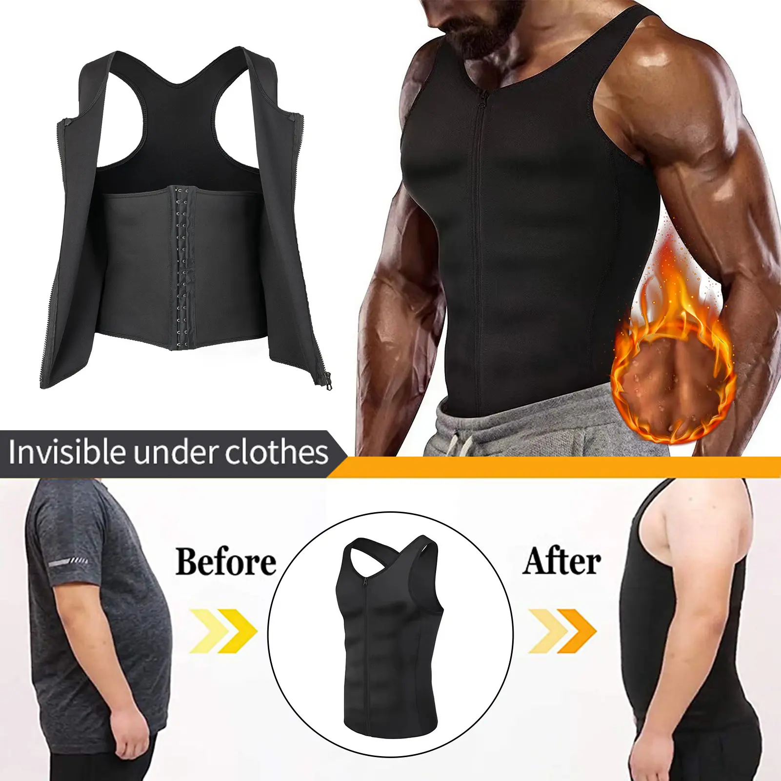 Kenaccin Men Slimming Corset Vest O-neck Sleeveless Double-Layer Tummy Control Shapewear Top Zipper Placket Body Shaper Three-breasted Top