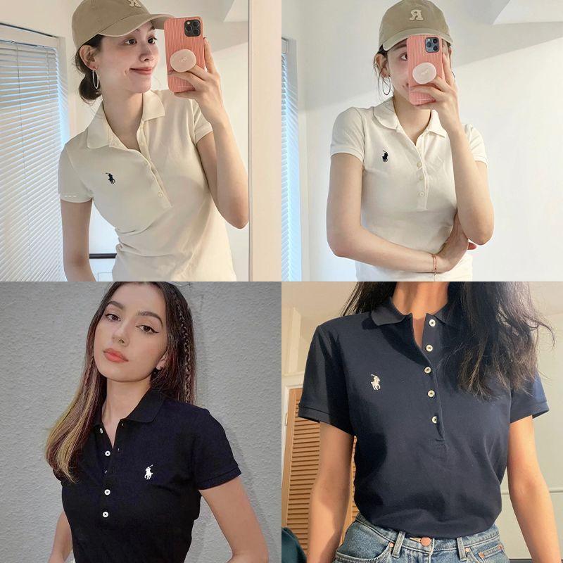 Áo Polo Thêu Logo Ngựa, Dáng Ôm, Ve Áo, Áo Phông Trắng, Phong Cách Đơn Giản, ngắn Tay Nữ, 2772 Người Ca Méo 0