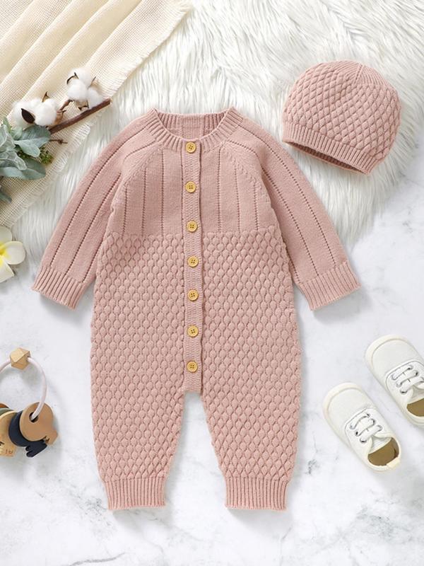 Baby's Solid Long Sleeve Button Front Sweater Onesie & Beanie Hat, Cute Raglan Sleeve Round Neck One-piece Knitwear Set, Newborn Infant Kid's Fall & Winter Clothes, Two Piece Set Winter Co Ord Sets, Baby Clothes, Baby Clothing Winter 3