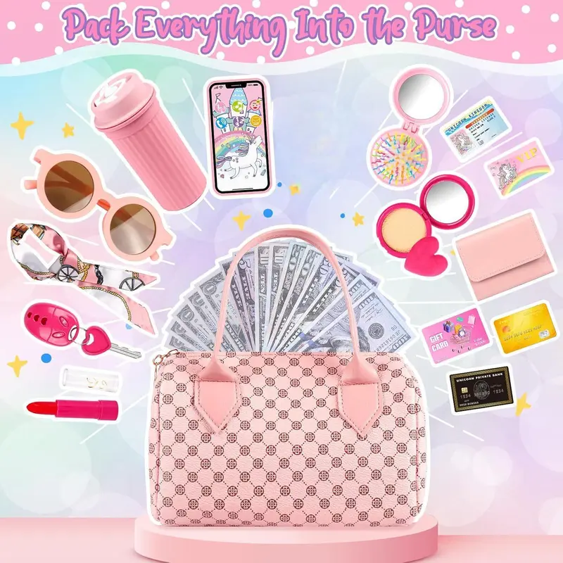 Simulation Girls Handbag Toy, 1 Box Colorful Kids Vanity Pretend Play Phone & Wallet & Makeup Toy & Other Accessories, Birthday Gift for Girls, Blocks, Miniature Set 4