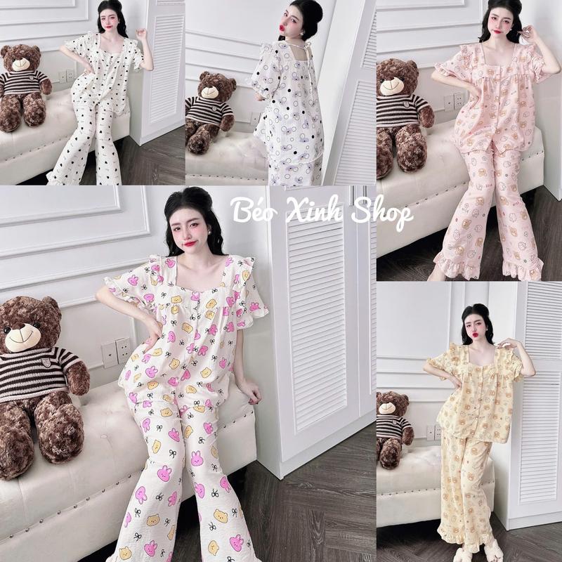 Đồ Bộ Pijama Bigsize Vải Đũi Xốp Coton Cổ Vuông Tay Ngắn Quần Dài 50-100kg Bộ Ngủ Nữ Quần Ngủ Lịch - A.5419