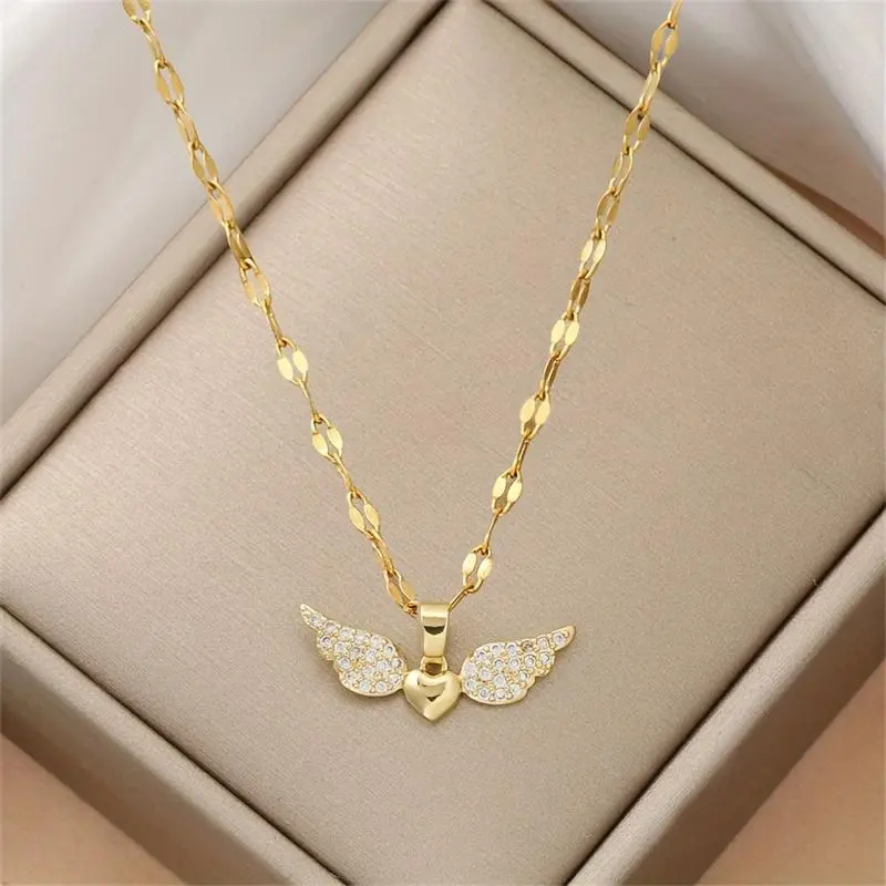 [1pc Heart Shaped Angel Wing Pendant Necklace] Fashion Necklace with Synthetic Cubic Zirconia, Copper, Stainless Steel Chain, for Women, Suitable Over 15 Years Old, Birthday Party Gift mother's day gift 5