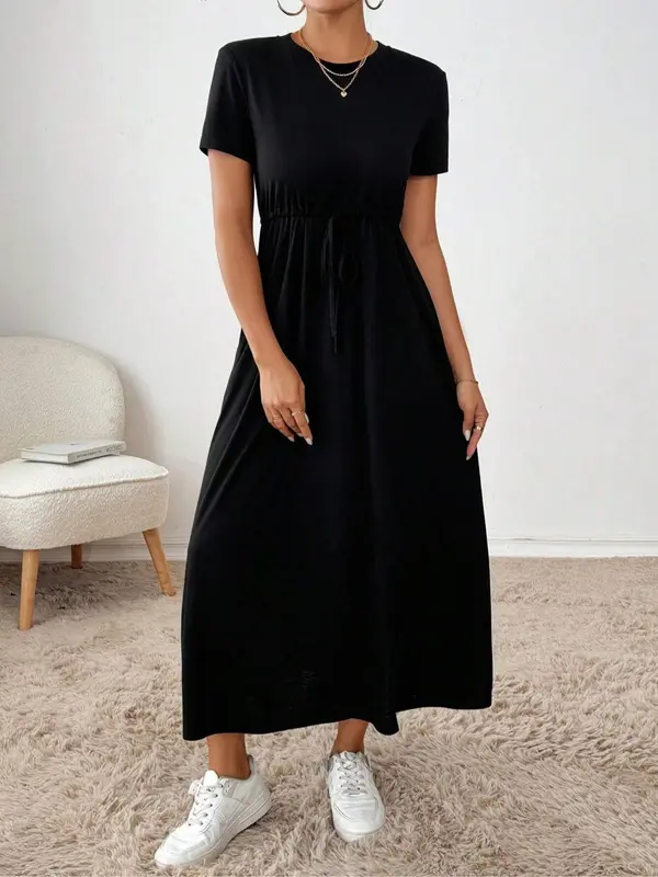 Women's Plain Pocket Dress, Elegant Fashion Casual Round Neck Short Sleeve Dress for Daily Outdoor Wear, Ladies Dress for All Seasons 7