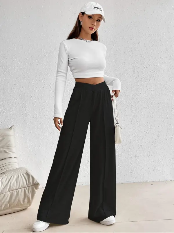 Plain Elastic High Waist Wide Leg Sweatpants for Women, Pants for Women, Going Out Bottoms, Basic Baggy Sweatpants, Minimalist Womenswear, Back To School Comfort Summer Bottoms, Women's Bottoms for Fall & Winter Trouser Underwear 1
