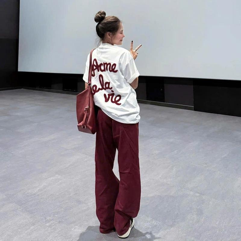 Quần bò jeans ống rộng màu đỏ may mắn, mới nhất 2025 cạp cao hack dáng Nữ Women Ong Pants 4