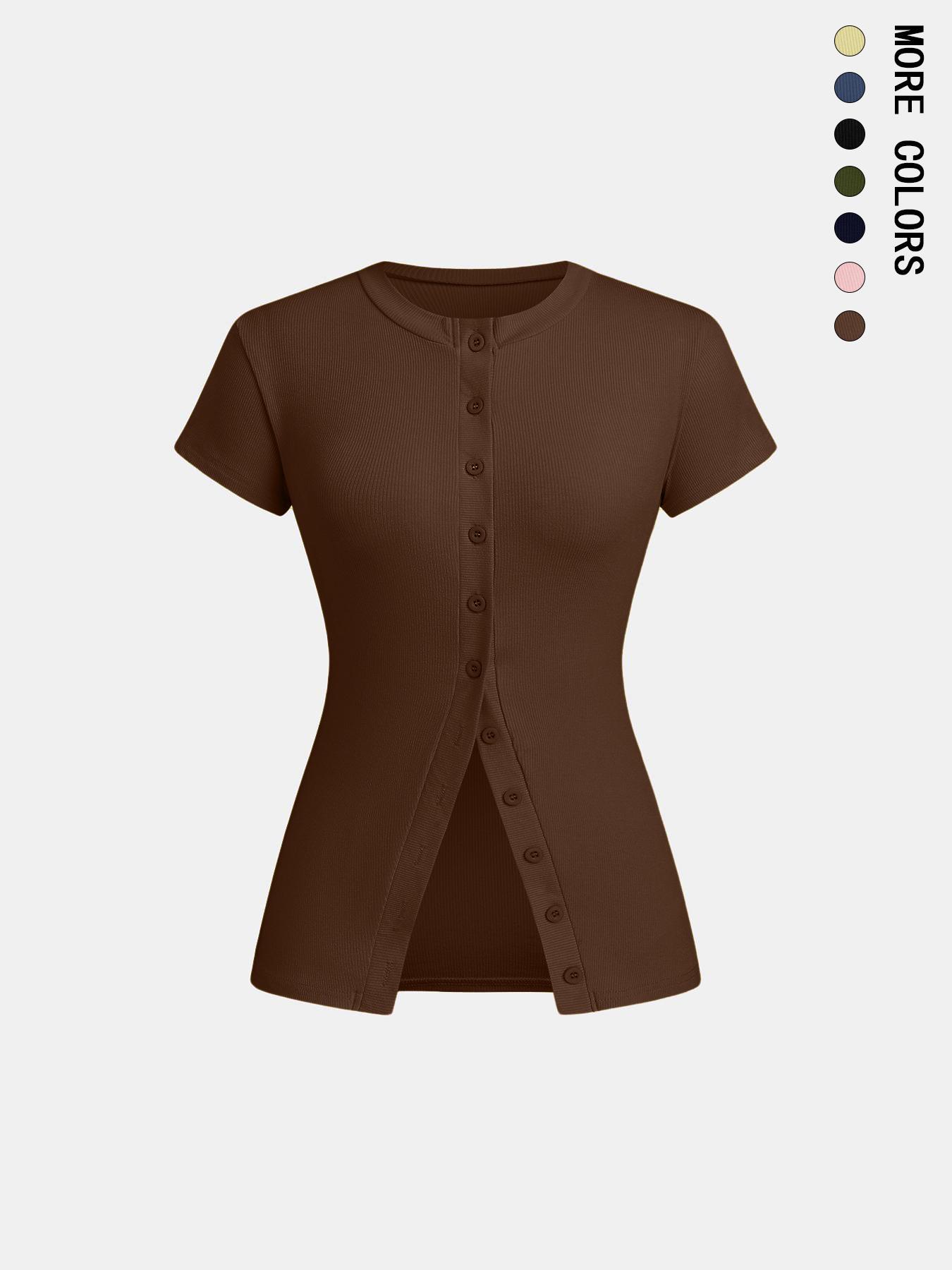 Women's Solid Color Button Tee, Casual Short Sleeve Round Neck T-shirt for Daily Wear, Ladies Clothes for All Seasons