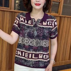 Mom Fashion Polo Shirt Trendy Women Floral Print Loose Summer Tunic Casual Short Sleeve Lapel Tops Ladies Shirts