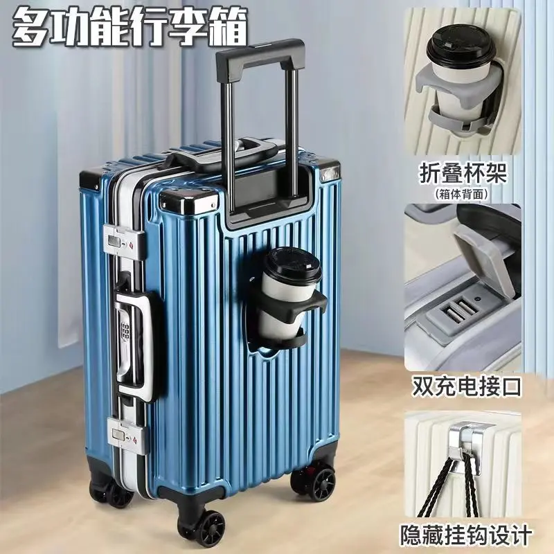 Vali kéo hành lý, đa chức năng, 20 inch và 24 inch, túi lên máy bay, mới, có Ngăn Đựng Cốc, dung tích lớn, thích hợp cho nam và nữ, làm bằng da, kiểu vali