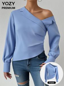 YOZY Women's Plain Asymmetrical Neck Bishop Sleeve Blouse, Casual Long Sleeve Top for Daily Wear, Ladies Clothes for All Seasons