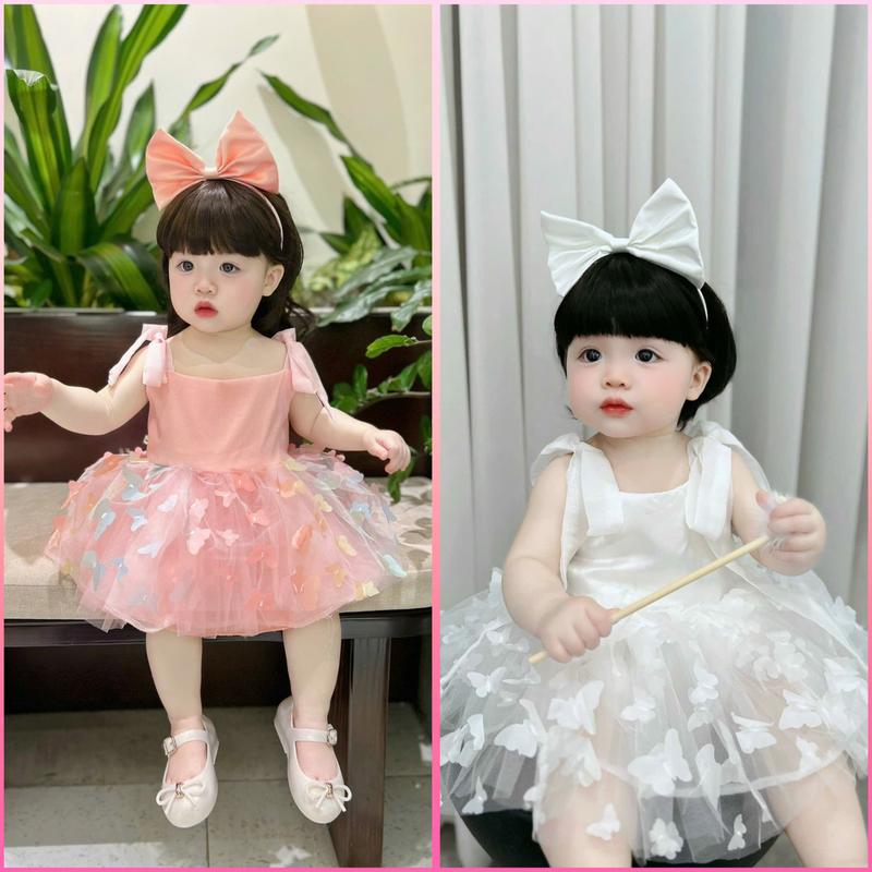Sét Váy Công Chúa 2 Màu Trắng Hồng Cho Bé Gái 4-12 kg Mặc Đầy Tháng Thôi Nôi